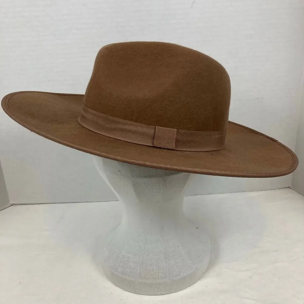 A New Day Wide Brim Fedora Hat Womens Camel Brown Wool Ribbon Band Festival Boho